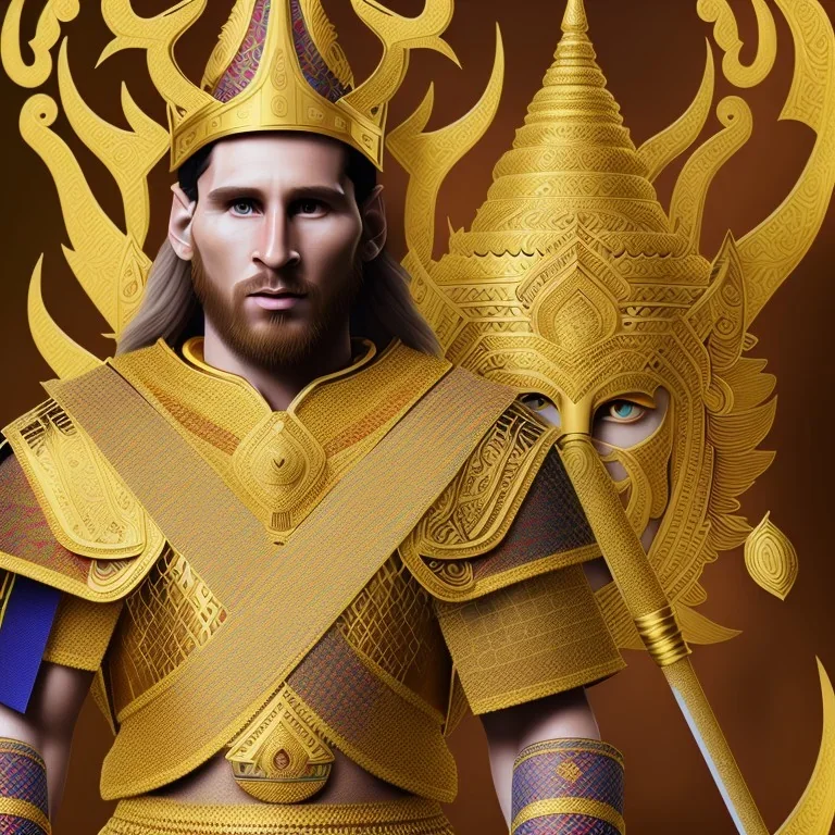 lionel messi viking golden, Thai pattern, Thai dress, detailed pattern, pattern, template, prototype, weaving gold 4k golden face wing golden eyes