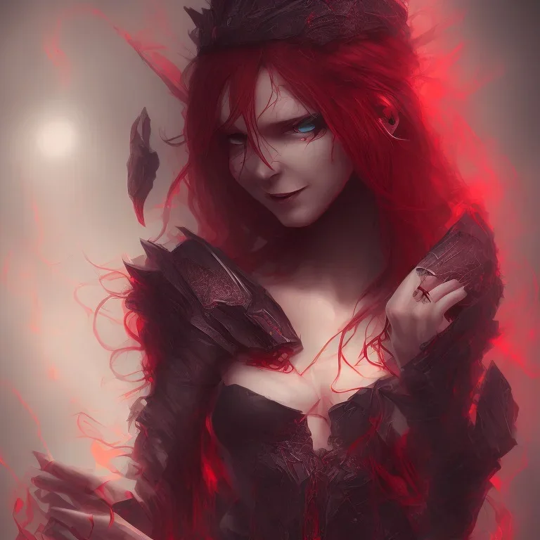 evil satanic girl, full body, smiling, crimson flaming hair, glowing veins, bloody dark cave background,