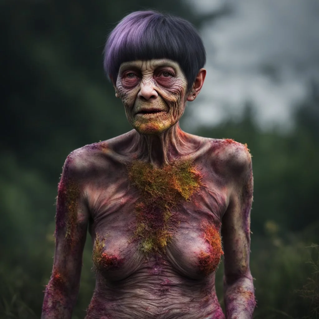 An amusing parody, an old, decomposing zombiegorillawitch with 1st degree burned skin and pixie-cut hair, wearing rotting underwear, 4k, 8k, 32k UHD, Hyper realistic, extremely colorful, vibrant, photorealistic, realistic, sharp, highly detailed, professional quality,