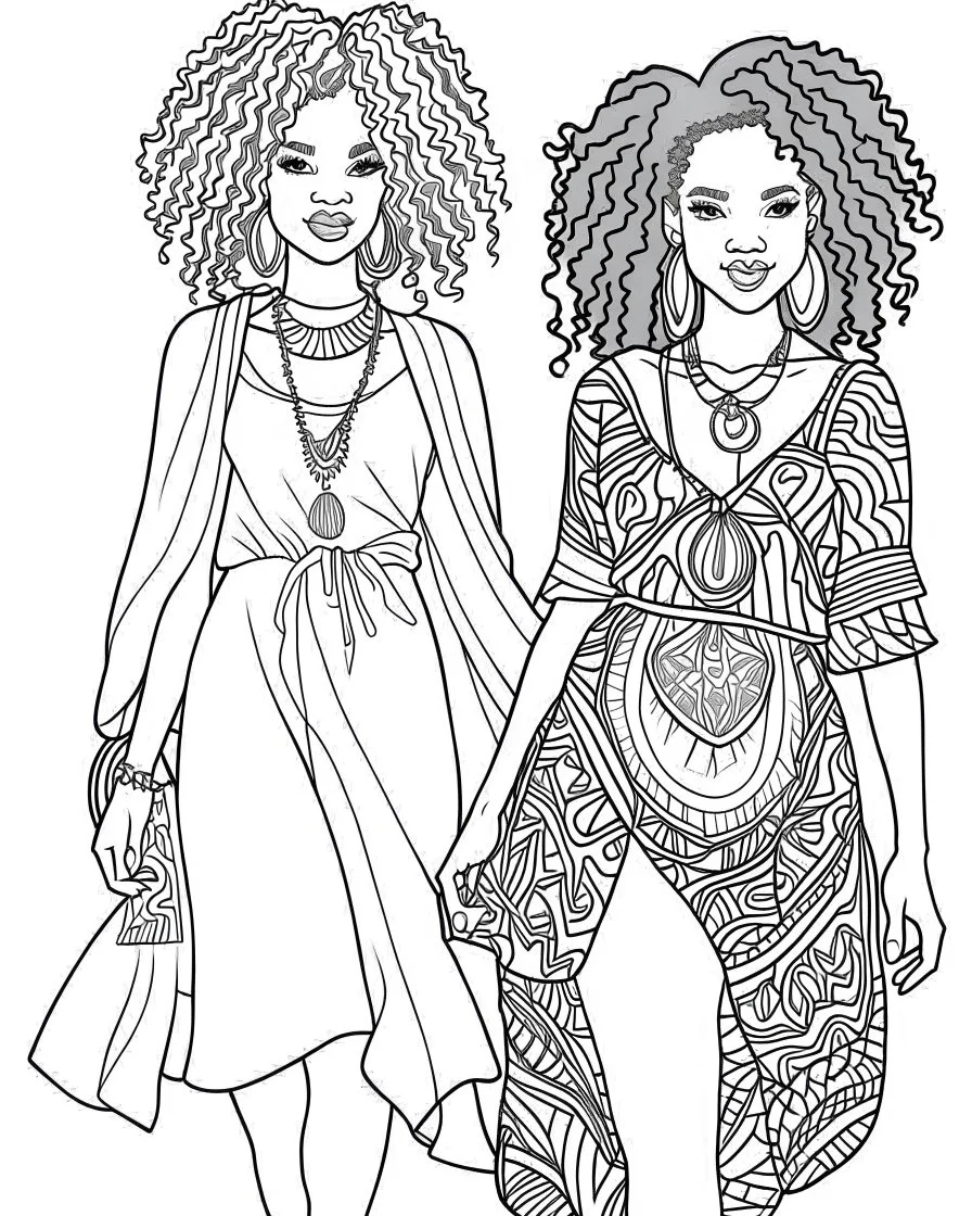 African -American women coloring page, full body (((((white background))))), only use an outline., real style, line art, white color, clean line art, white background, Sketch style