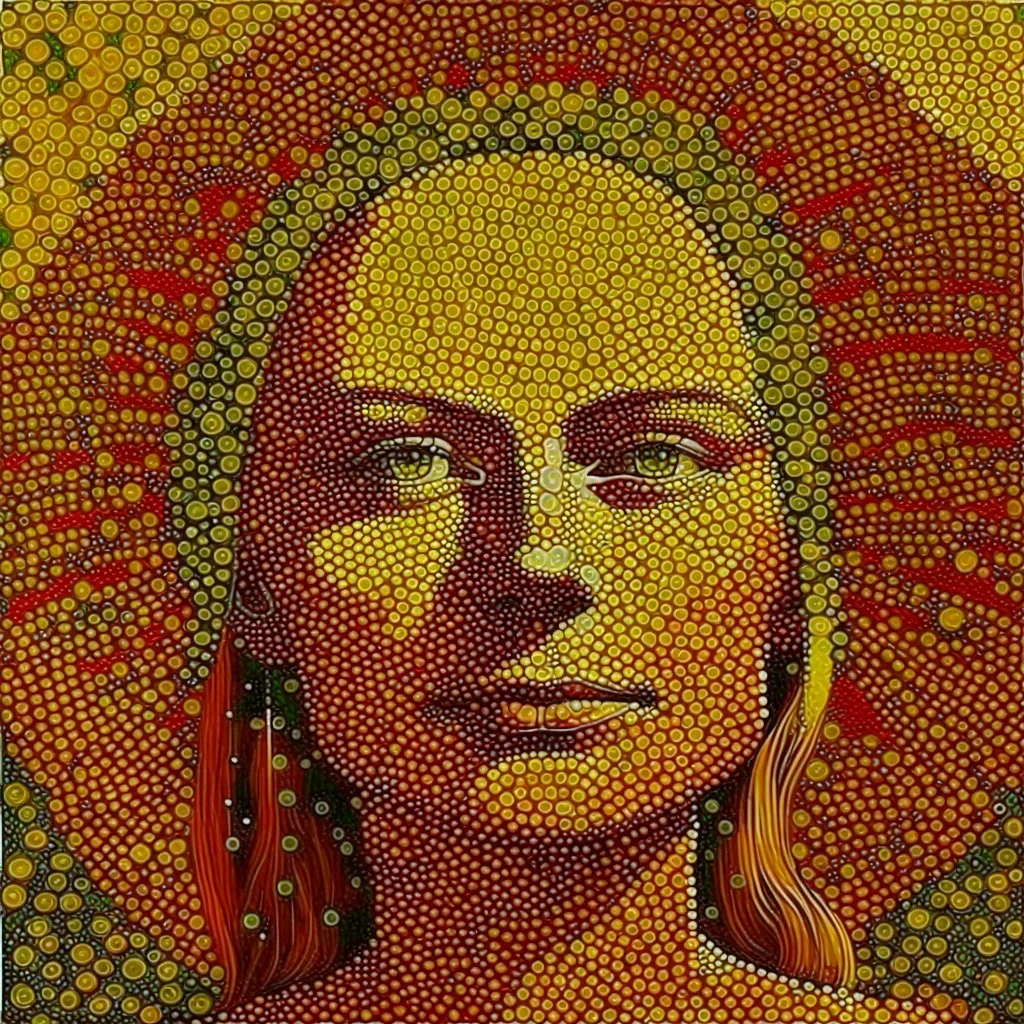 Portrait of a woman, sun and sunflowers, eclectic harmonic dot art