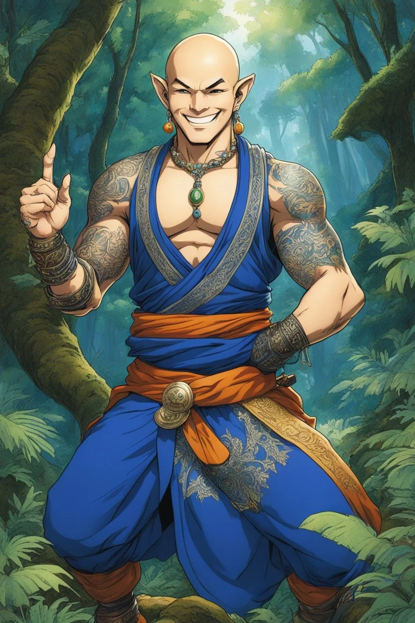 (in the style of Orion, by Masamune Shirow) tattooed gangasta monk points the camera to say "thank you", he smiles in the enchanted forest