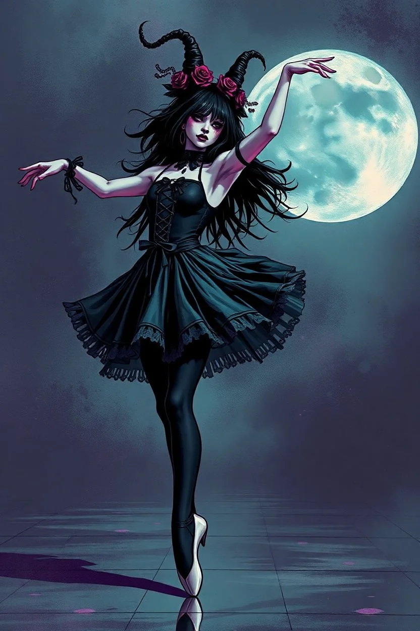 Striking 12k image of a gothic character doing ballet, selective colors, gothic undertone, she has no face, comic/popart overlay style