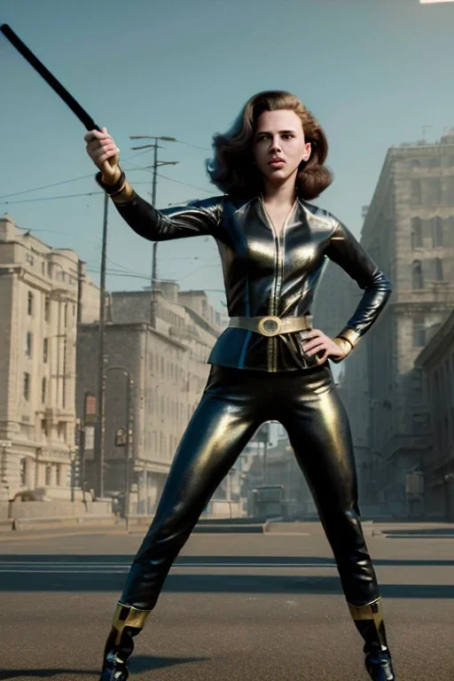 retro portrait image from 1960, city background, wind, long hair, fighting stance, young Scarlett Johansson, classic black tight lycra suit, metal stick weapon, gold bracelet and belt, high heel boots, soft color, highly detailed, unreal engine 5, ray tracing, RTX, lumen lighting, ultra detail, volumetric lighting, 3d, finely drawn, high definition, high resolution.