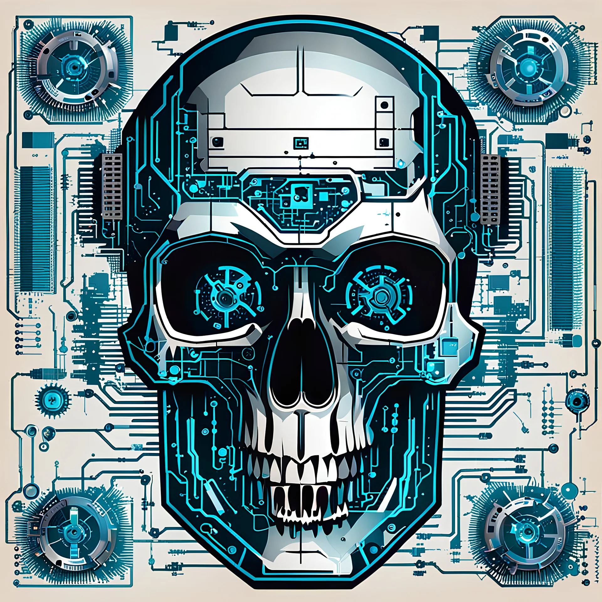 FLAT VECTOR LAYERED IMAGE OF CYBERNETIC SKULL PARTS IN A SCHEMATIC