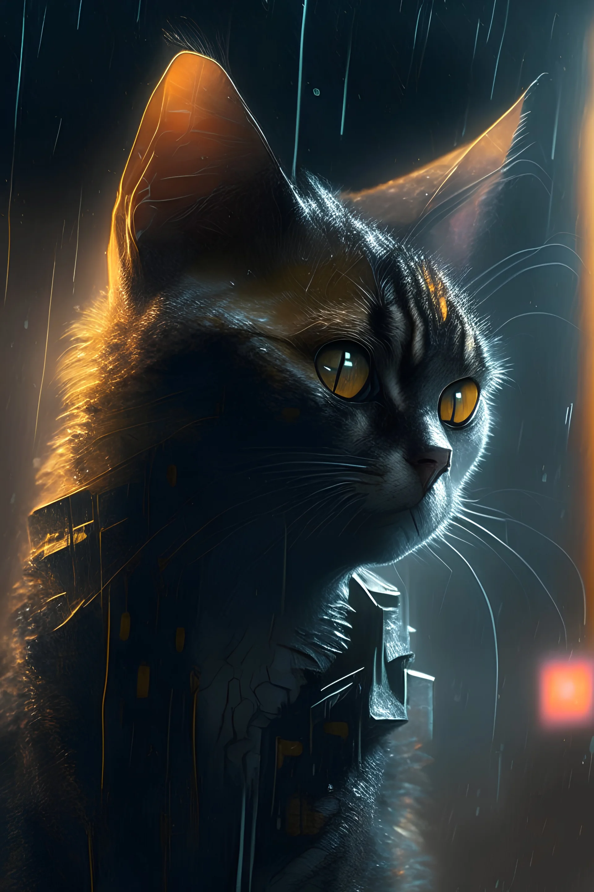 Create the image of a cat, using the Blade Runner movie atmosphere.