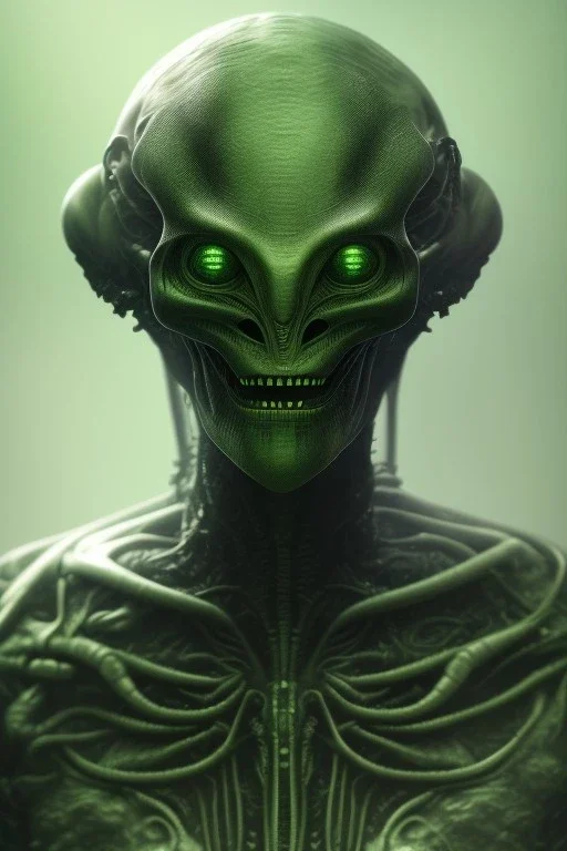 green alien, head, evil, black eyes, weapons, blood, 8k, finely detailed, photo realistic, HR Giger style