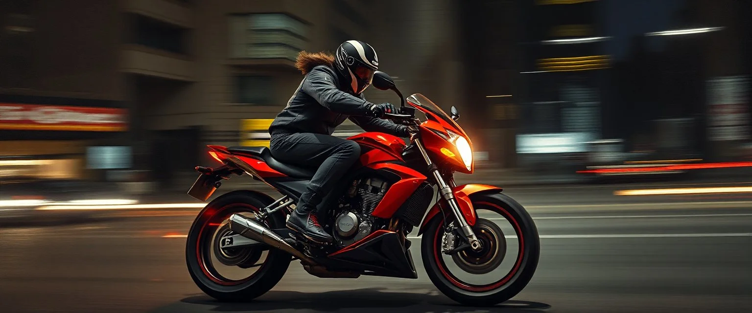 master oil painting by Rembrandt, good afternoon bitch scary hot seductive chess piece riding sports bike with motion blur and smeared lights in the night, stylistic poster, in the style of total recall, huge bugrat in the background