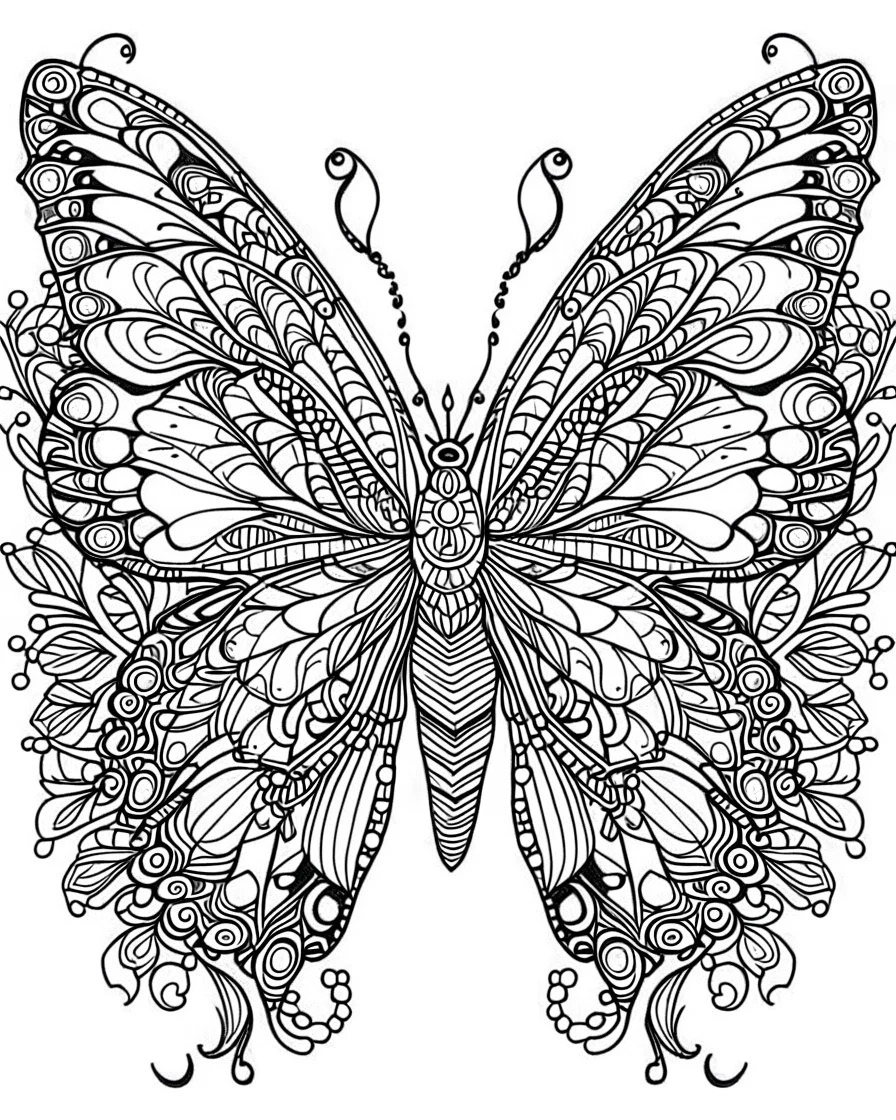 Page coloring book, mandala butterfly, white Background, clean line art, flower