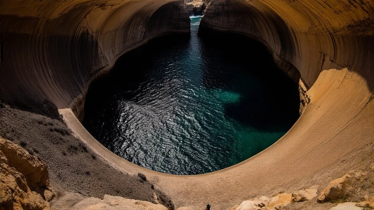 Fish-eye perspective from a climber's viewpoint inside a massive, C-shaped coastal cliff formation. Looking down into a large, natural amphitheater-like cove. The ocean dramatically waterfalls into the cove through the opening of the 'C'. The sky is only visible through this same opening. Dark, striated, curving cliff walls enclose the space. Turbulent ocean water below, deep blue and turquoise, with crashing waves. Photorealistic, 8k resolution, highly detailed, immense scale, enclosed feeling