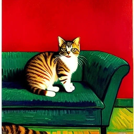 portrait of a Cat on red sofa, by Van Gogh, no frame, no signature,cinematic composition,perfect composition, intrincate detail,Realistic,Crystal clear eyes, fit full body inside picture,8k