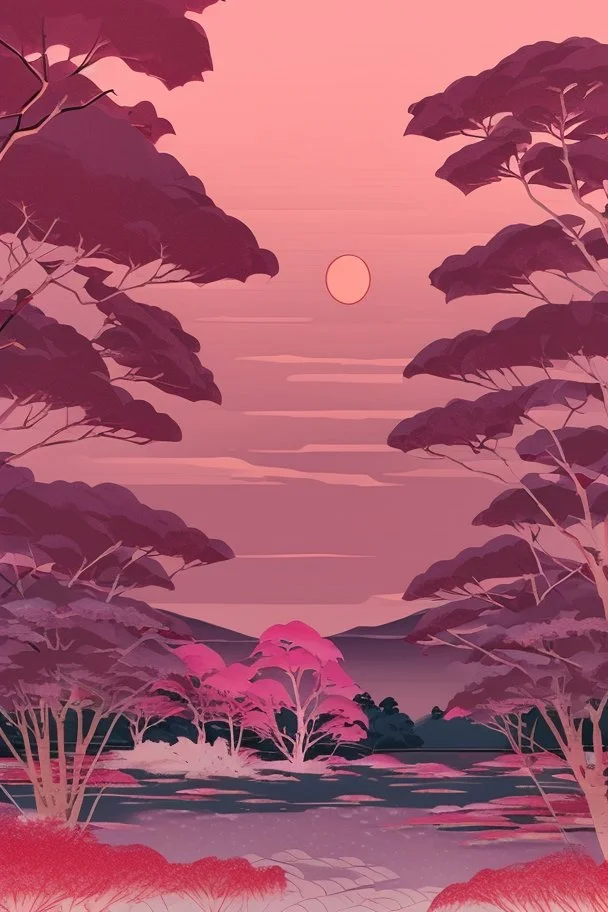 a land scape of Japanese garden, big moon, red sky , surrounded by cherry blossom trees, cel shading