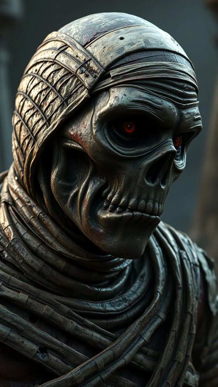 Busch painting style nightmare, a zoomed side view of the mummy by his face skin is a rusted broken metallic skin texture in a 3d rendering full-height image of a grim and dark scene. Ensure the final images exhibit the utmost quality, encompassing 4K, 8K, and 64K resolutions, with 3D rendering that manifests in photorealistic, hyperrealistic, and highly detailed representations. Employ techniques such as HDR, UHD,