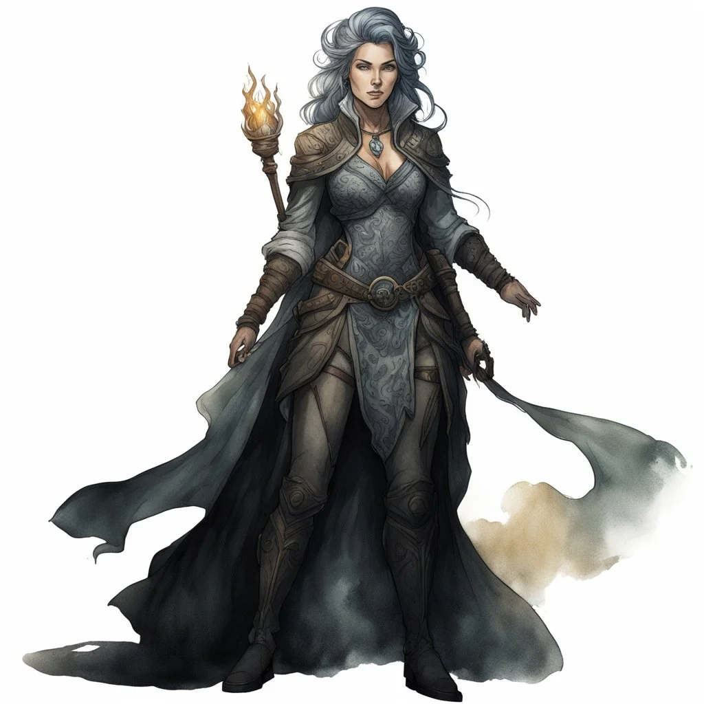 create an iconic female fantasy full body RPG character illustration with highly detailed facial features in the art style of Wayne Reynolds, ink wash and watercolor, 8k, ArtStation, DeviantArt