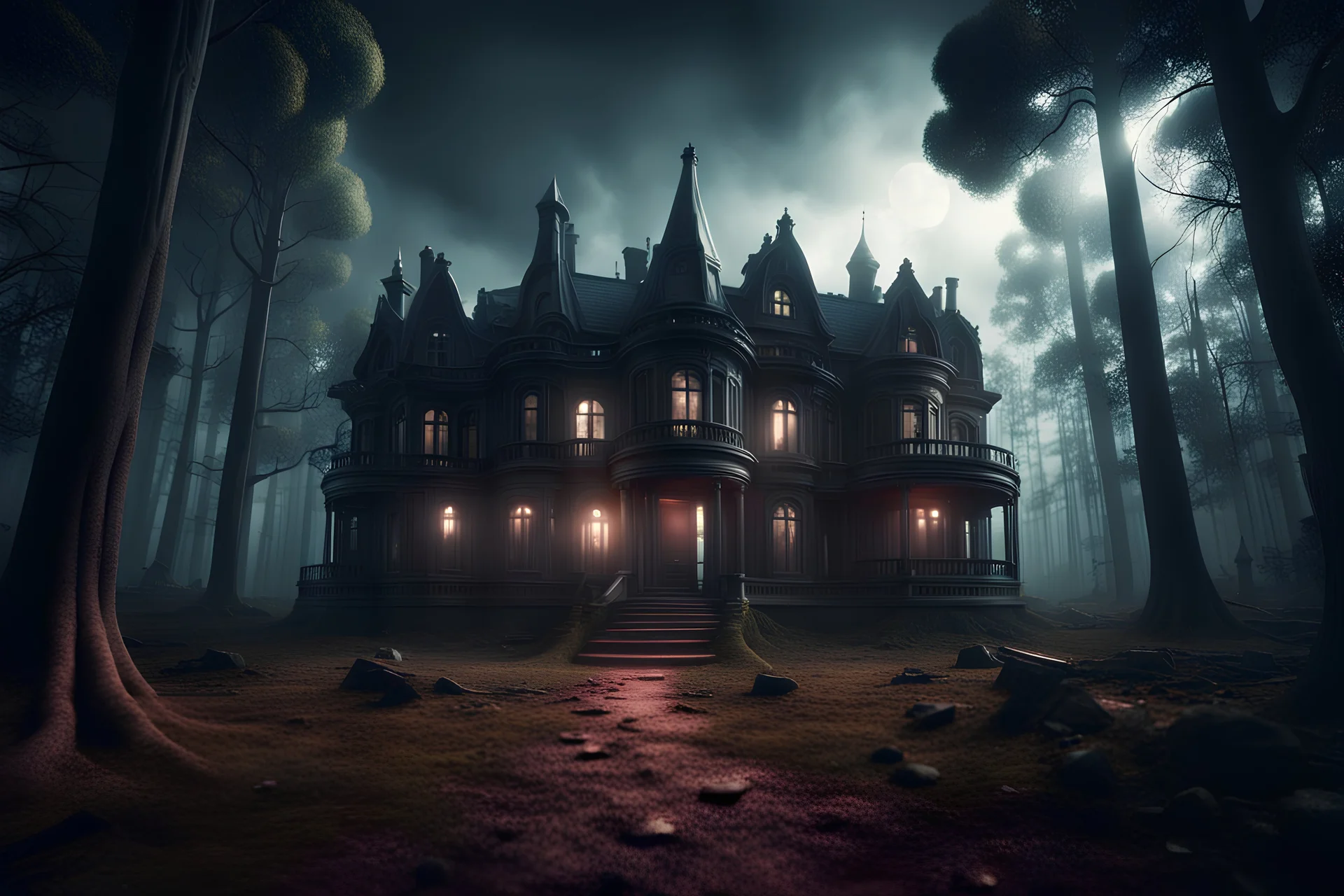 3d rendered realistic scene surrealis horror mansion in the forest, cinematic, dramatic lighting