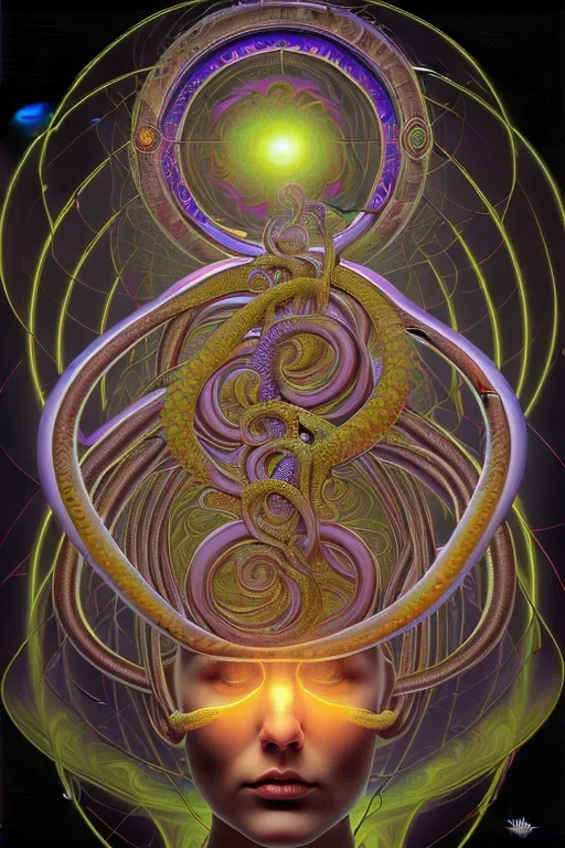 Spiritual being with Tentacles over human Head creating reality around, wrapping Spiral around Human, Psychedelic