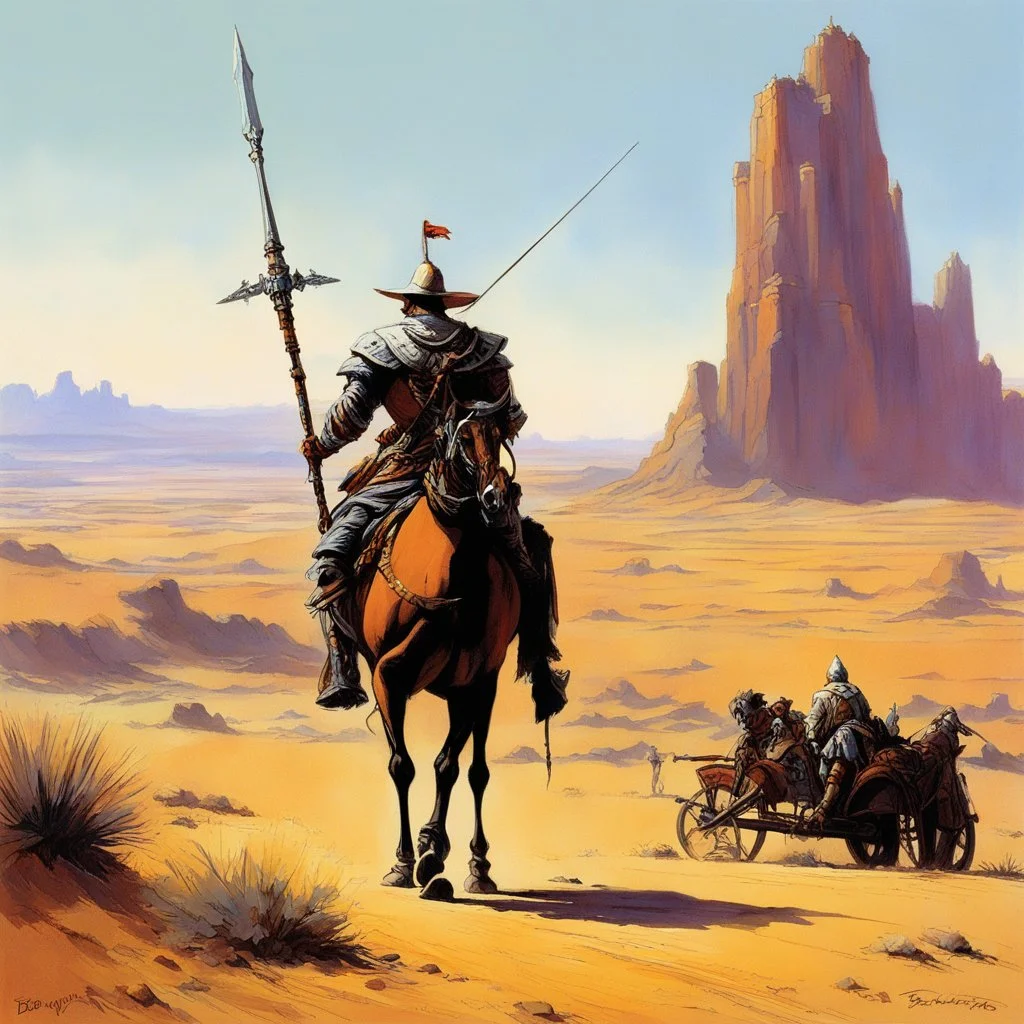 don Quixote with his lance as a desert nomad by Bruce Pennington, the fat Sancho Panza walks on his side