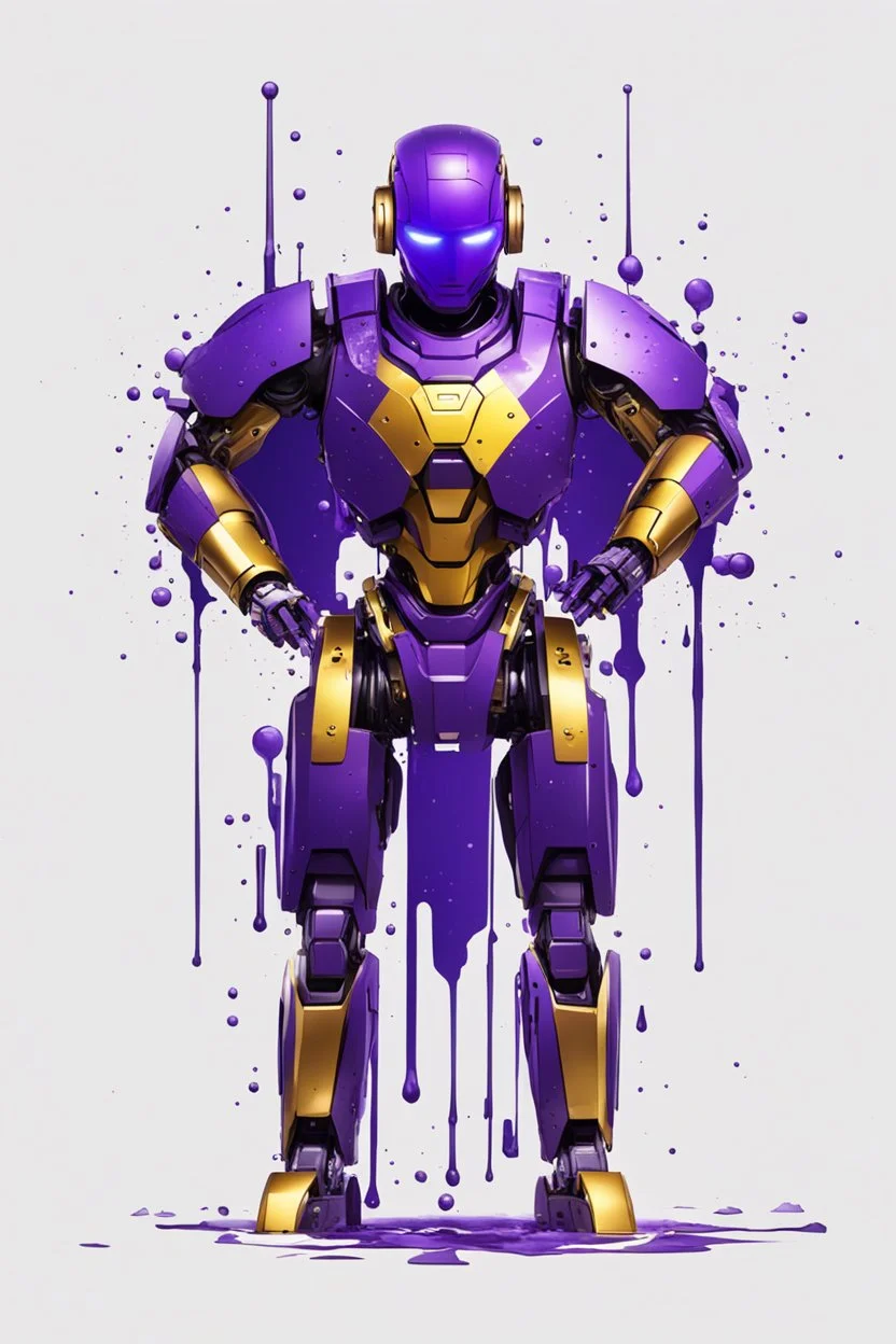 Human Like Cyborg, Royal purple and Gold, Combat Robot, Dangerous, Strong, Destroyed, Inside a Vat of Liquid