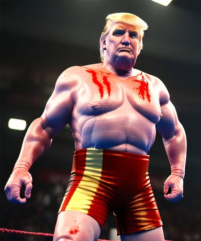 Realistic photo, Wrestler Donald trump, wrestling, sweat, blood, red breeches, suspenders, retro style, 80s, hot ambient, photo studio, vibrant color, gradient, highly detailed, art stations, concept art, smooth, unreal engine 5, god rays, ray tracing, RTX, lumen lighting, ultra detail, volumetric lighting, 3d, finely drawn, high definition, high resolution.