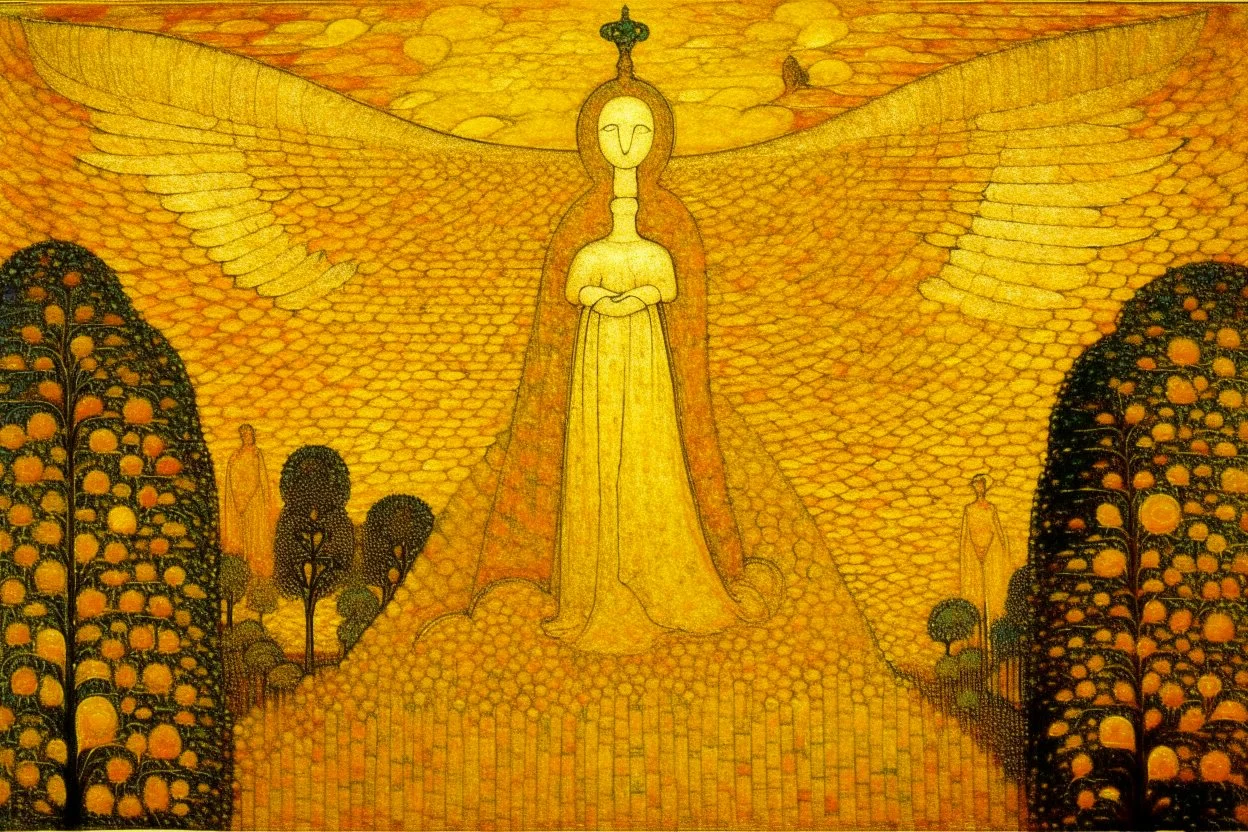 A yellow angelic desert in daylight designed in medieval tapestry painted by Georges Seurat