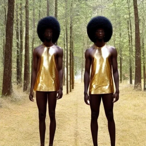 Twins only, black skin, tall and slender, long afro kinky hair,slanted almond shaped dark brown eyes, warrior wear holding spears. Gold accents on clothing surrounded by trees.