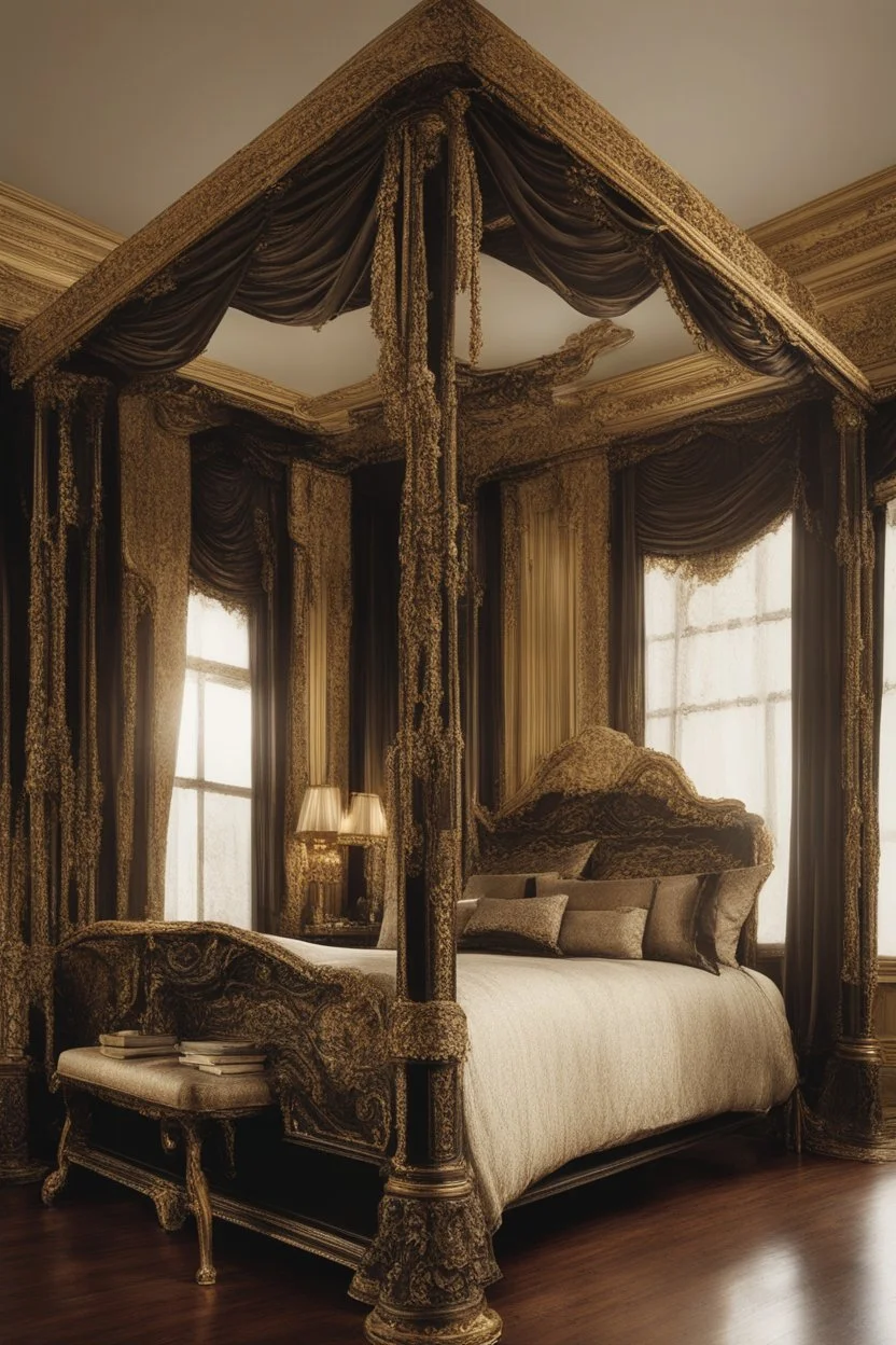 Beautiful ornate four post canopy bed in a dark colored bedroom, victorian, black and gold