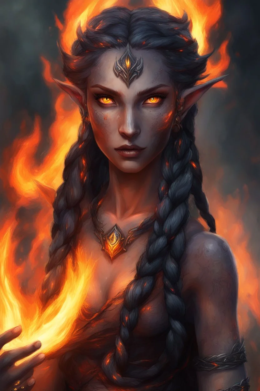 Fire Eladrin druid female. Hair is long and bright black part glows. Part of hair is braided and fire comes out from it. Big bright red eyes. Is generating fire with her hands and fire are coming our off them . Skin color is dark. Has a many big scar on face.