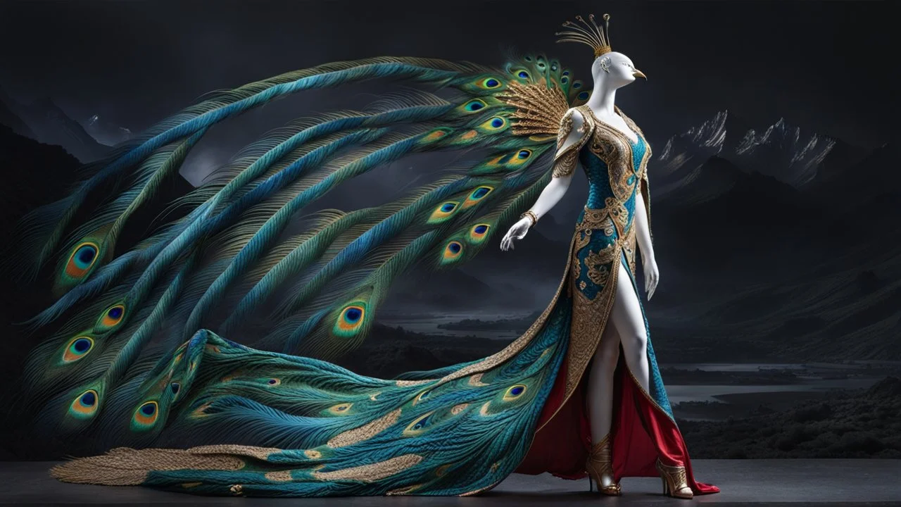 A majestic figure with a bird-like head and long, flowing feathers that resemble a peacock's tail. The figure stands against a dark, mountainous backdrop. The feathers are vibrant with shades of blue, green, and gold, and they spread out dramatically, almost as if they are in motion. The figure's body is adorned with intricate patterns and designs, and it wears a long, flowing dress that mirrors the colors and patterns of the feathers. The dress has a high slit on one side, revealing a leg.