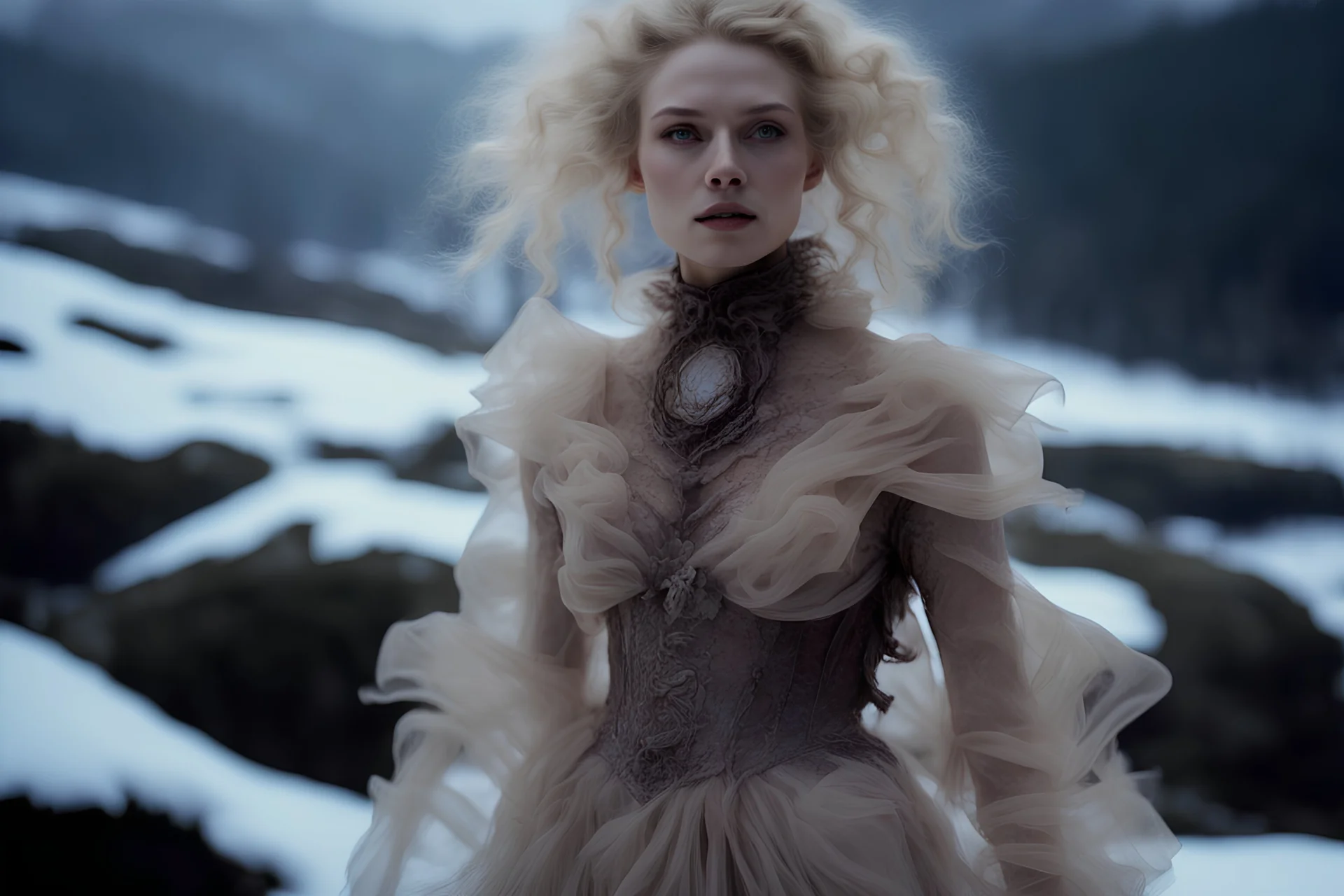 Hiper-realistic Close-up photo, Otherworldly, blonde Brown Actress knight Avant-Garde Eiko Ishioka-Iris Van Harpen translucent fluorescent fashion gown costume, Austrian Symbolism, arcane atmosphere, in the stormy sunrise mountains snowy River forest, by Sergei Parajanov movie