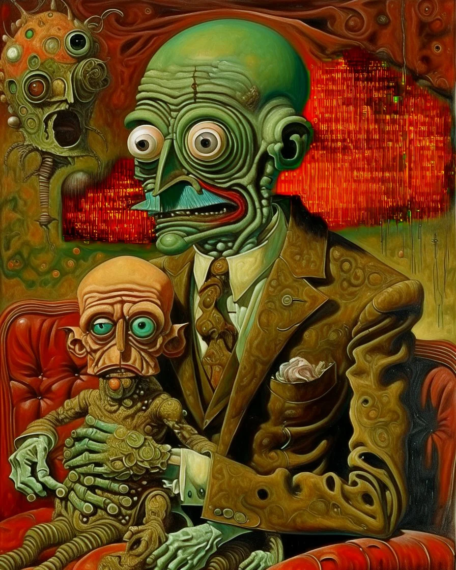 A surrealist painting in the distinctive style of Max Ernst, embracing Dada surrealism, with intricate and clear rendering of every aspect to ensure a deeply disturbing image. The painting features a deranged ventriloquist with wild, frenzied eyes and a twisted, manic smile. He holds a terrified dummy on his lap, made of wax-covered rubber, its eyes wide with fear and its mouth slightly ajar in a silent scream. Behind them, a strange demonic boy with deep red skin and bizarre proportions stands,