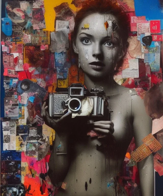 happy beautiful girl holding big proffesional camera in studio. street art, oil on canvas, spray paint, collage, letters, newspapeers, Dave McKean, Vladimir Fedotko, Saturno Butto, Vaughn Bodé, Frank Wu, James C. Christensen, collage, dirty, paint dripping, radiant