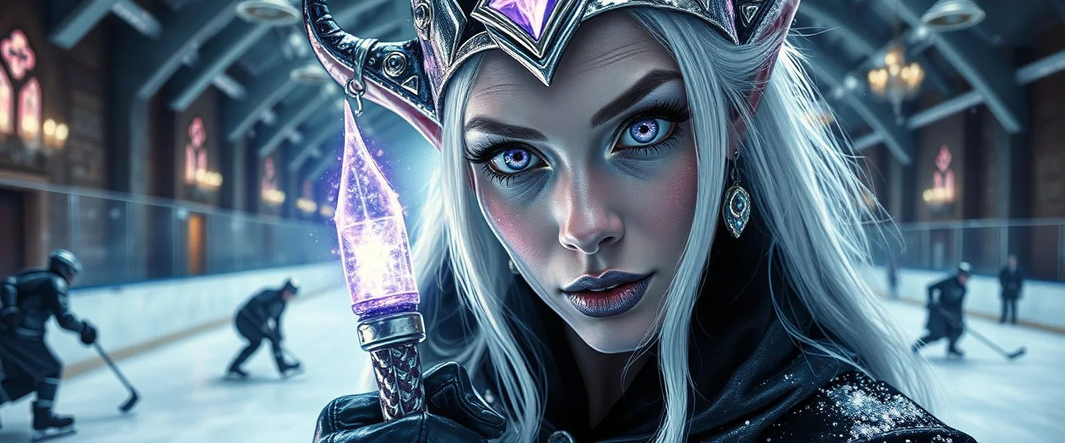 close up portrait of shiny ice priestess dark elf orc babe with lavender eyes and white silver hair, and with magical aura hockey staff, pin hole cam, master oil painting by Rembrandt, d&d glam rock and glitter vampire gremlin illithid and lich playing hockey in ice skating hall or church, in the style of giger and escher, sci fi with floating little saucers