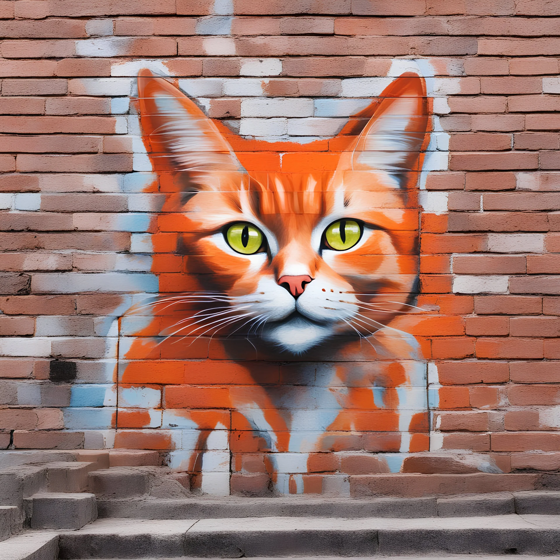 graffitti de gato naranja sobre paredón de ladrillos