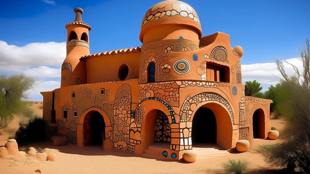 A beige monastery made out of terracotta designed in native American petroglyphs painted by Wassily Kandinsky
