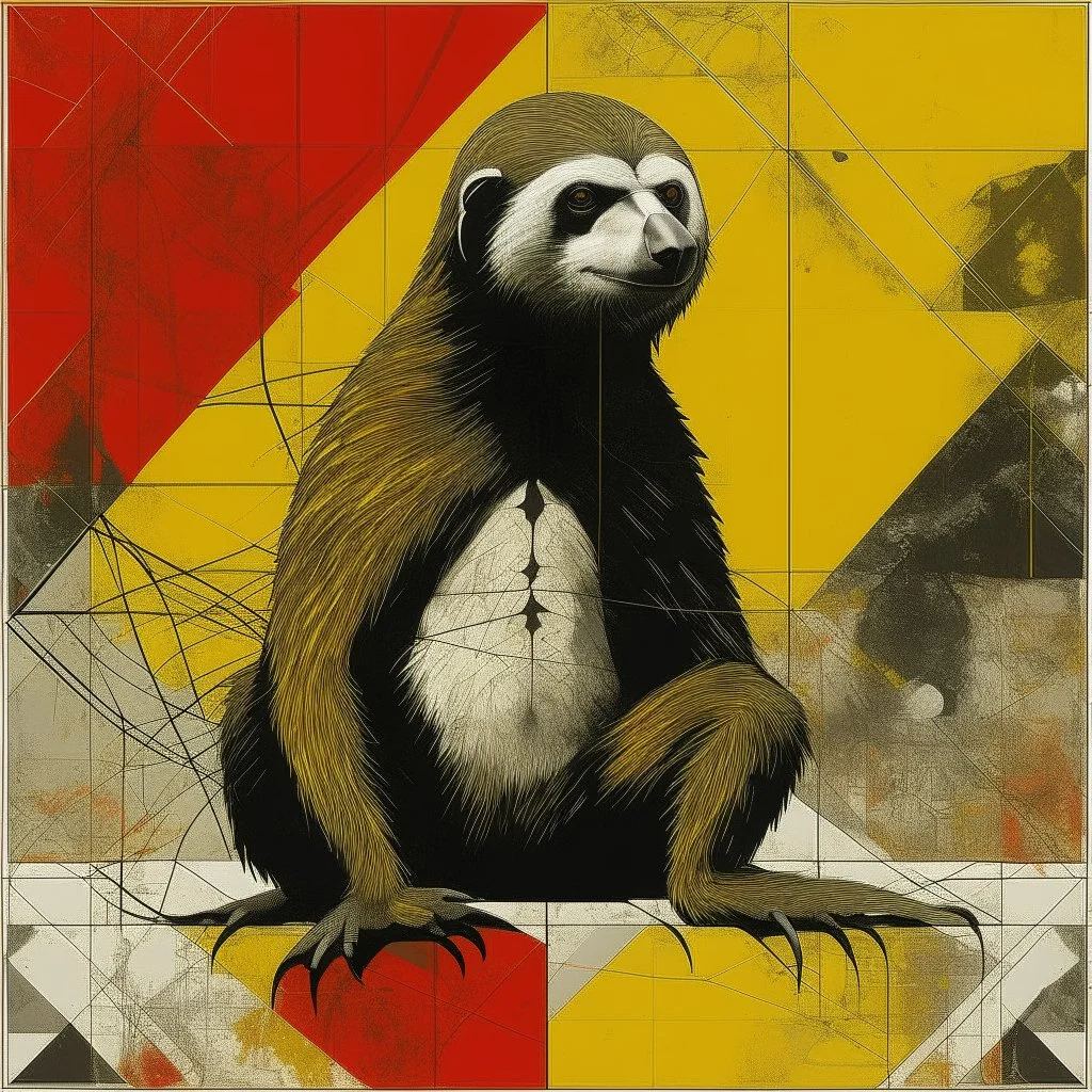 Vitruvian Sloth contrivance, by Colin McCahon and VS Gaitonde, mind-bending image, fragmented, subconscious deconstructivism, dull yellow and black and white and pastel red color scheme