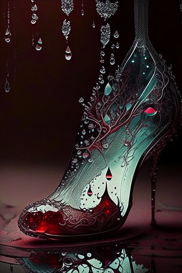 dark fantasy, intricate cover, a whimsical fairytale, translucent shoe made of glass with drops of blood underneath