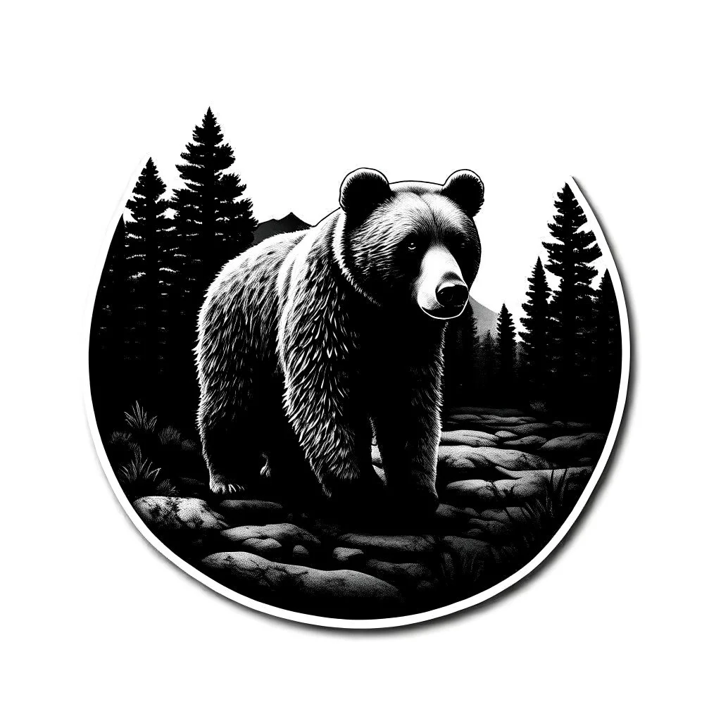 Sticker design on white background, Teddybear walking in a forest, in liberty art style, ambient light, high details, photorealistic, monochrome, black and white