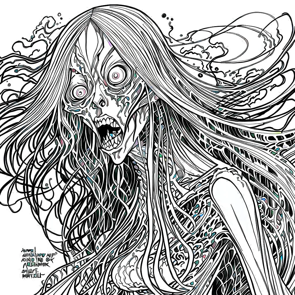 sketchy colorless illustration of a malevolent shape shifting female Funayurei water ghost with highly detailed facial features and skin textures, in the style of Alex Pardee , Jean Giraud Moebius, and Katsushika Hokusai, highly detailed, boldly inked,