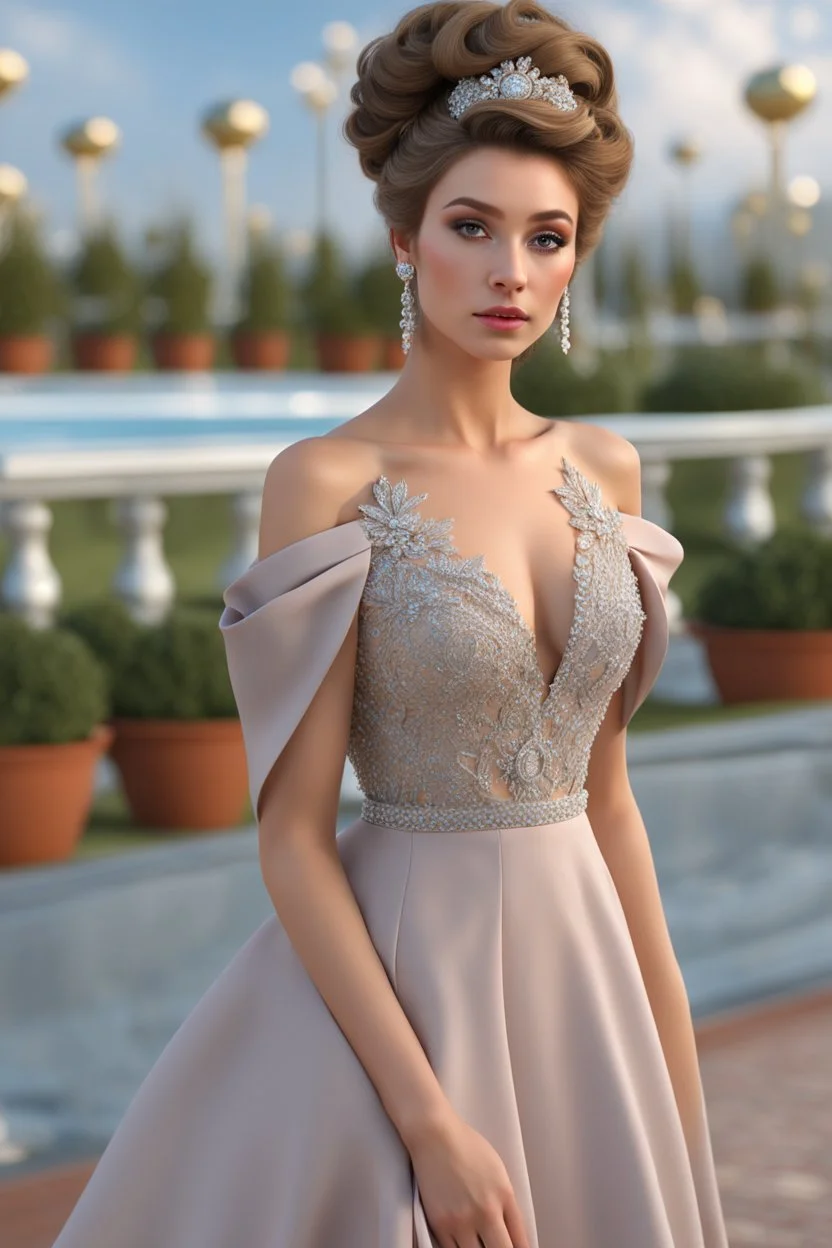 full body woman, from Russian Federation , elegant dress, elegant curled hair , 19 years old ,earring, no make up,8k, Candid avant garde portrait, charming woman, wearing Lovely Flower Diamond Pendant, octane render 3d, plastic material