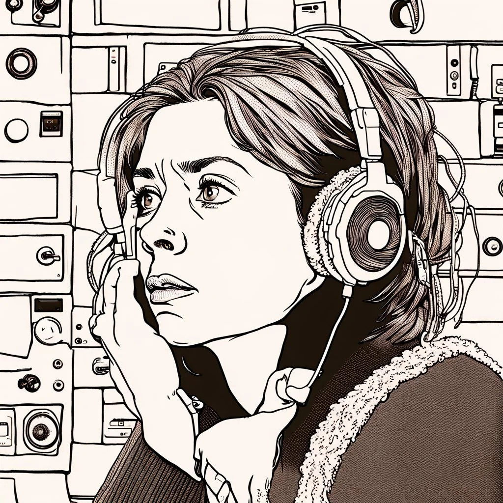 A. She looks lost in thought, her eyes fixed on a single spot on the wall as she listens intently to the low-quality recording on the tape player in front of her. The noise and distortion of the recording seem to match the turmoil in her mind, as she struggles to make sense of the confusing and conflicting ideas swirling around her. As the male vocal enters, the woman's eyes flicker u
