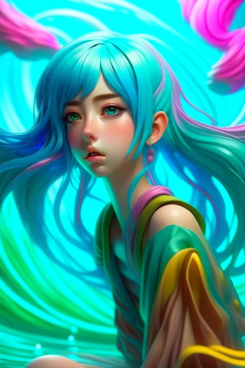 A stunning Anime girl suspended in a kaleidoscope of colors, captured in a photorealistic, cinematic photograph, as if plucked from a dream sequence. Her vibrant turquoise hair flows like a river, contrasting with the muted, earthy tones of her skin, set against a gradient of iridescent pinks and purples, evoking a sense of ethereal mysticism. Soft, cinematic film grain textures the image, infusing it with a sense of nostalgic warmth, as if lit by the flickering lights of a vintage cinema.