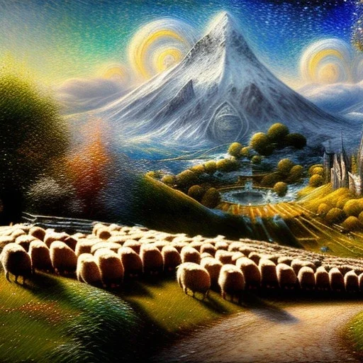 Epic Drawing of scenery with sheep of The LOTR estilo Van Gogh 4k