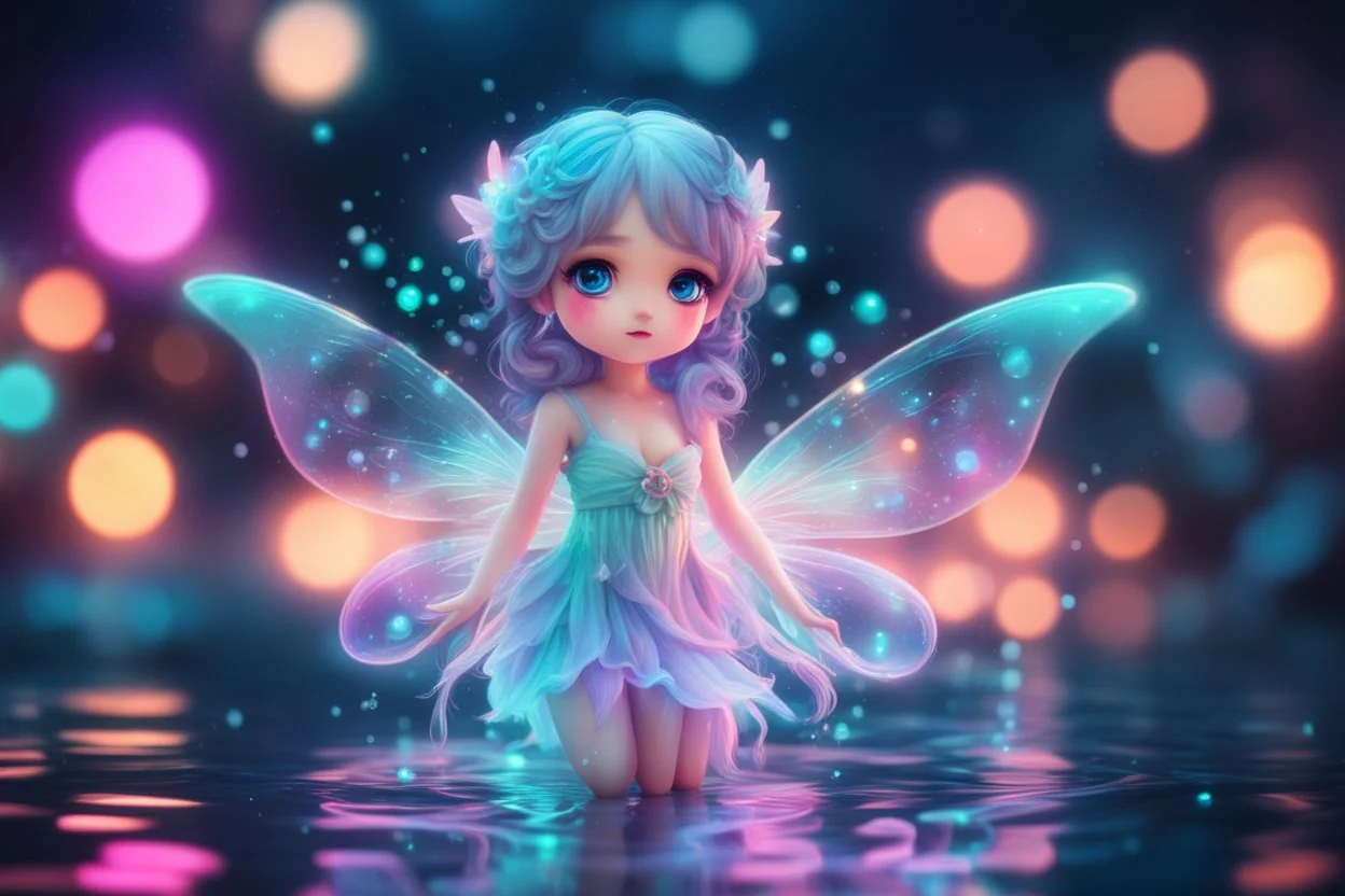 cute chibi holographic bioluminescent neon color water fairy, ethereal, cinematic postprocessing, bokeh, dof