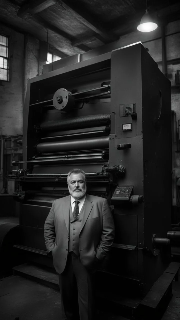 italian strong massive big chubby 50 year old man in smart gray suit, manly chest, unbuttoned shirt, short beard, shirtless, printer in an old printing house, next to a huge old printer, dim light, side light, ambient occlusion