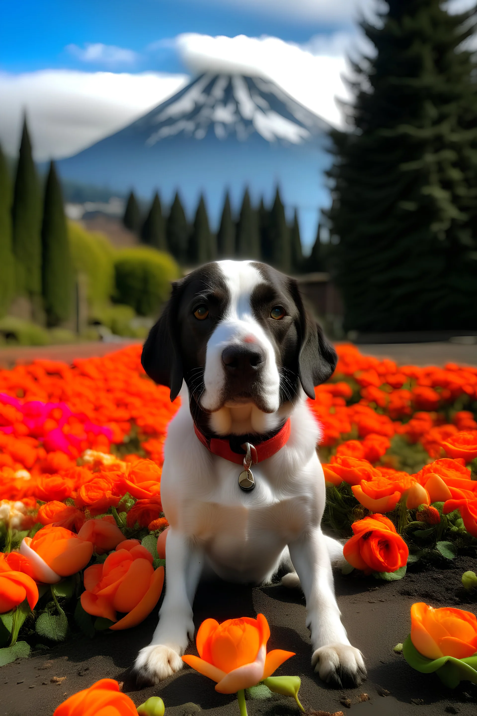 an ugly dog in petals with mount hood and a traffic cone in the background