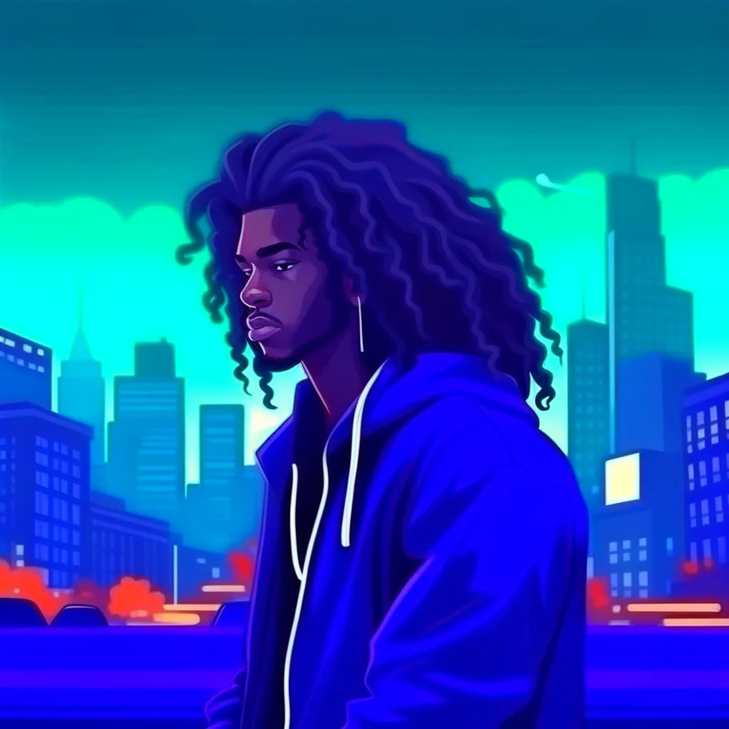 illustration art style black man long curly hair indoor background city