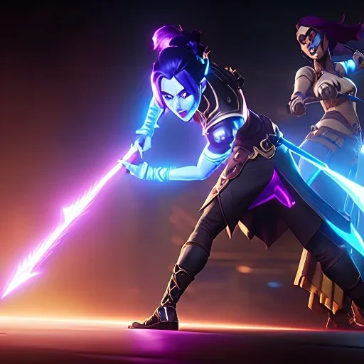 Jinx and Vi fighting, highly detailed, professional lighting, dynamic lighting, HDR, action sequence