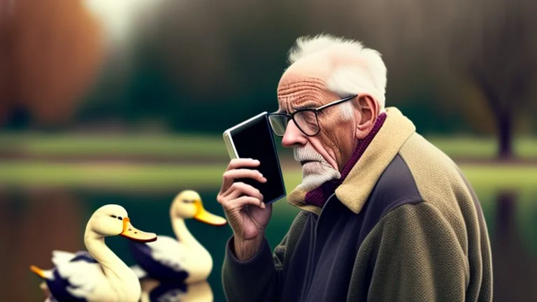 confused older man on the phone trying to get the ducks to leave