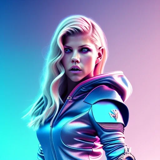 Katheryn Winnick, hoodie, retro futuristic, leather dress, gradient color, BLUE, PINK, CYAN, neon, insanely detailed, 16k resolution, perfect eyes, cinematic smooth, intricate detail