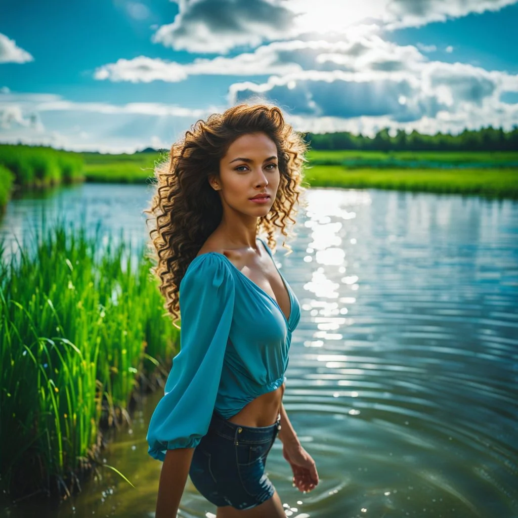 upper body closeup of very beautiful girl walks in water in country side , curly hair ,next to small clean water river,pretty clouds in blue sky